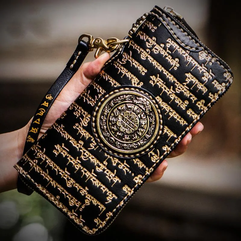 Handmade Leather Tibetan Mens Biker Chain Wallet Cool Leather Wallet Long Clutch Wallets for Men