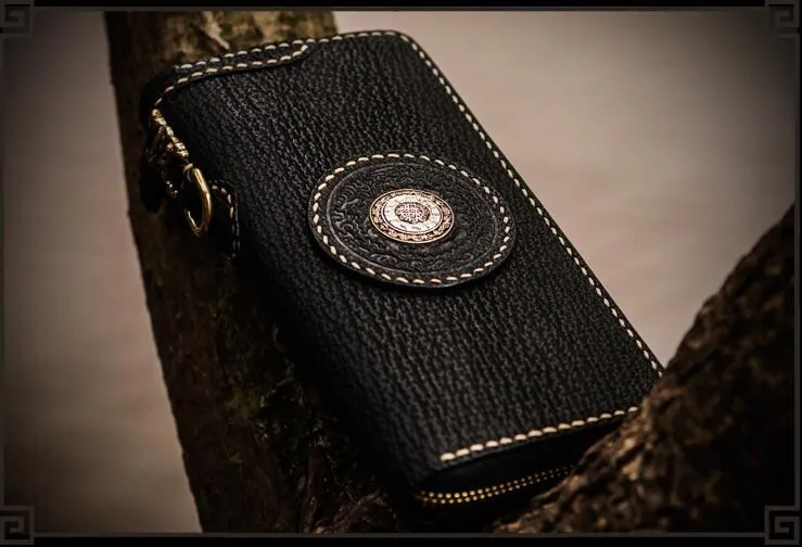 Handmade Leather Tibetan Mens Biker Chain Wallets Cool Leather Wallet Long Chain Wallets for Men