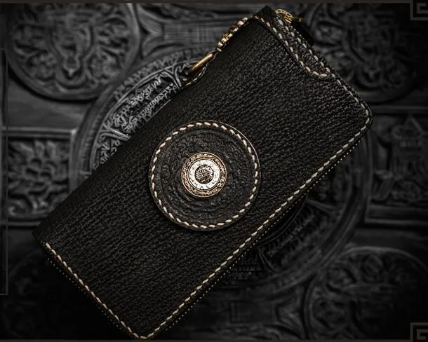 Handmade Leather Tibetan Mens Biker Chain Wallets Cool Leather Wallet Long Chain Wallets for Men