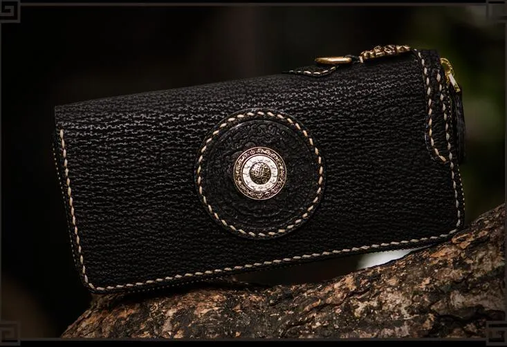 Handmade Leather Tibetan Mens Biker Chain Wallets Cool Leather Wallet Long Chain Wallets for Men