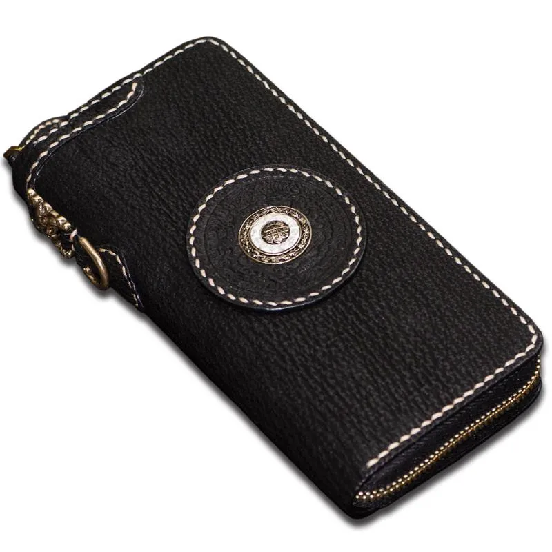 Handmade Leather Tibetan Mens Biker Chain Wallets Cool Leather Wallet Long Chain Wallets for Men