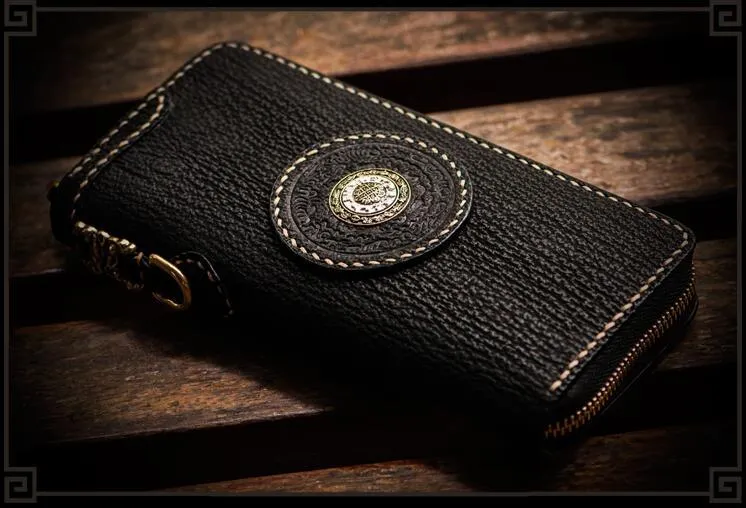 Handmade Leather Tibetan Mens Biker Chain Wallets Cool Leather Wallet Long Chain Wallets for Men