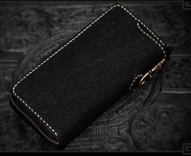 Handmade Leather Tibetan Mens Biker Chain Wallets Cool Leather Wallet Long Chain Wallets for Men