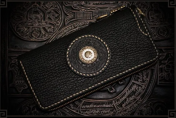 Handmade Leather Tibetan Mens Biker Chain Wallets Cool Leather Wallet Long Chain Wallets for Men