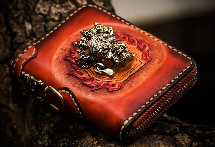 Handmade Leather Tibetan Mens billfold Wallets Cool Chain Wallet Small Biker Wallet for Men