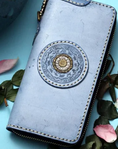 Handmade Leather Tibetan Mens Chain Biker Wallet Cool Leather Wallet Long Clutch Wallets for Men