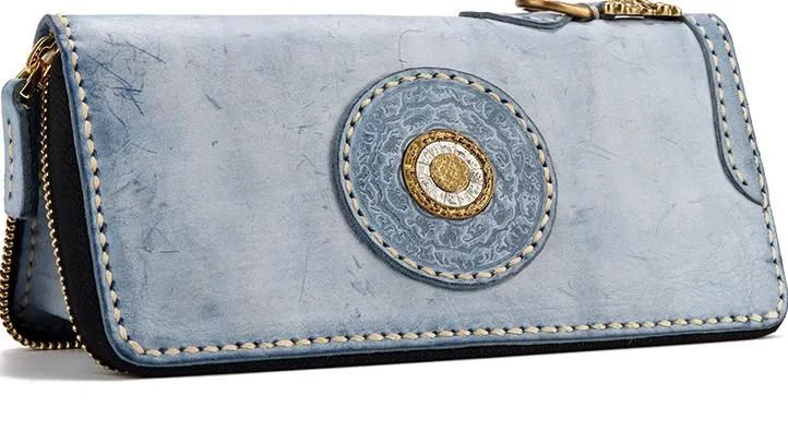 Handmade Leather Tibetan Mens Chain Biker Wallet Cool Leather Wallet Long Clutch Wallets for Men