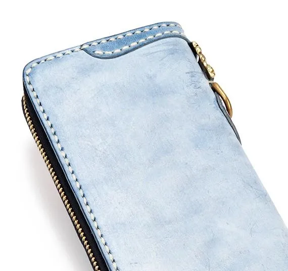 Handmade Leather Tibetan Mens Chain Biker Wallet Cool Leather Wallet Long Clutch Wallets for Men