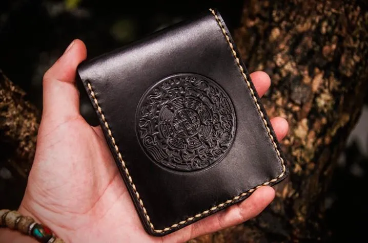 Handmade Leather Tibetan Mens Small Wallet Cool Leather Wallet billfold Wallet for Men