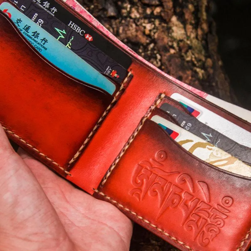 Handmade Leather Tibetan Mens Small Wallet Cool Leather Wallet billfold Wallet for Men
