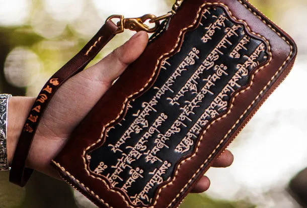 Handmade leather Tibetan scriptures biker wallet clutch zip long wallet brown leather men phone