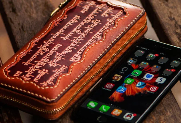 Handmade leather Tibetan scriptures biker wallet clutch zip long wallet brown leather men phone