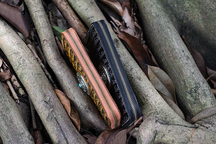 Handmade Leather Tibetan Scriptures Long Biker Wallet Tooled Zipper Clutch Wristlet Wallet for Men