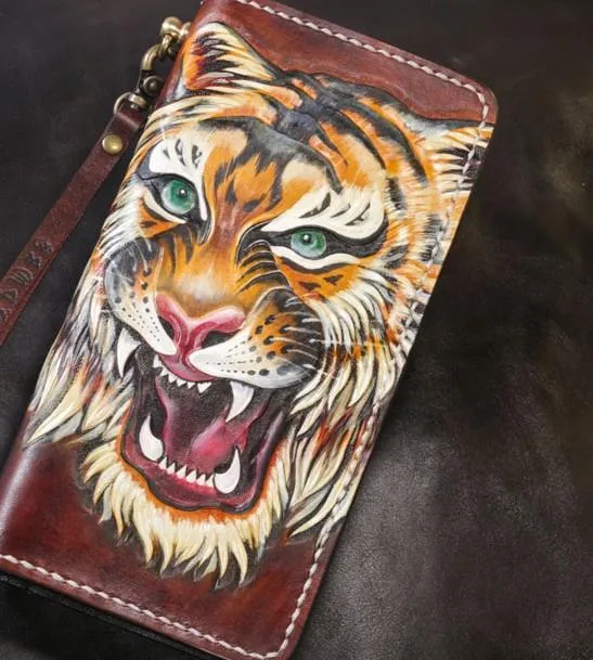 Handmade Leather Tiger Tooled Mens Chain Biker Wallet Cool Leather Wallet Long Phone Wallets for Men