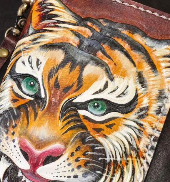 Handmade Leather Tiger Tooled Mens Chain Biker Wallet Cool Leather Wallet Long Phone Wallets for Men