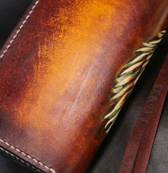 Handmade Leather Tiger Tooled Mens Chain Biker Wallet Cool Leather Wallet Long Phone Wallets for Men