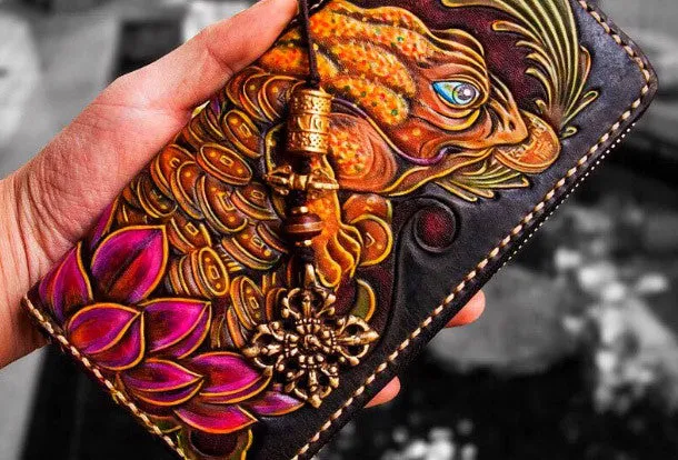 Handmade leather toad biker wallet clutch zip long wallet black leather men phone