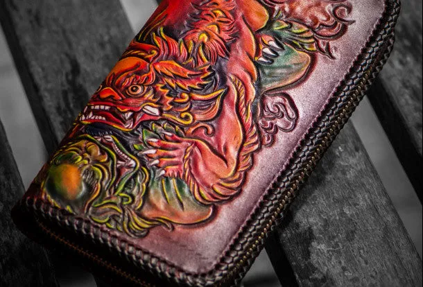 Handmade leather Tonlion clutch zip long wallet black leather men Tooled