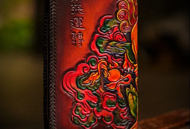 Handmade leather Tonlion clutch zip long wallet black leather men Tooled