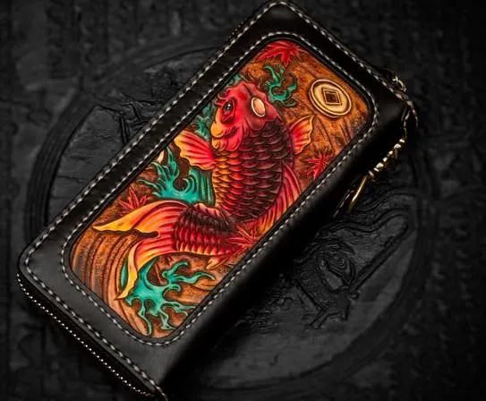 Handmade Leather Tooled Carp Chain Wallet Mens Biker Wallet Cool Leather Wallet Long Phone Wallets for Men