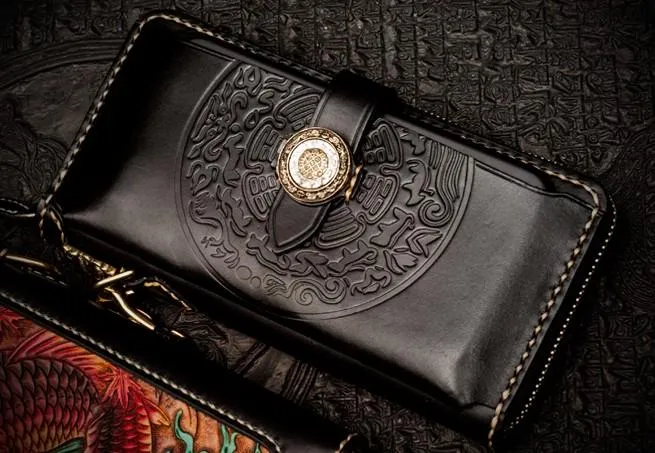 Handmade Leather Tooled Carp Chain Wallet Mens Biker Wallet Cool Leather Wallet Long Phone Wallets for Men