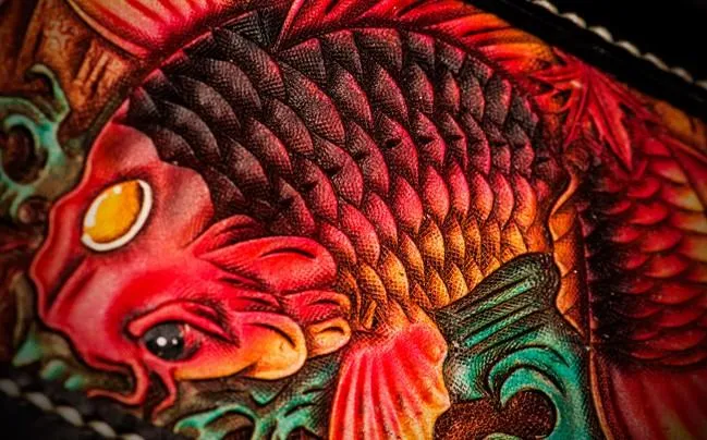 Handmade Leather Tooled Carp Chain Wallet Mens Biker Wallet Cool Leather Wallet Long Phone Wallets for Men