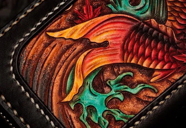 Handmade Leather Tooled Carp Chain Wallet Mens Biker Wallet Cool Leather Wallet Long Phone Wallets for Men