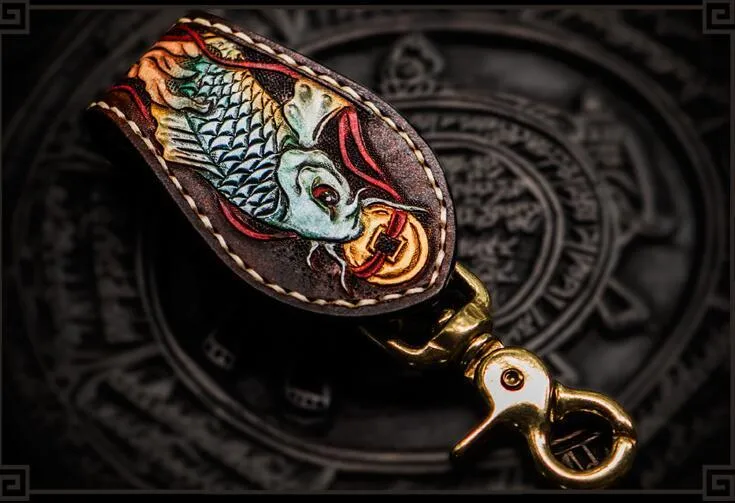 Handmade Leather Tooled Carp Mens Biker Chain Wallet Cool Leather Wallet Long Chain Wallets for Men