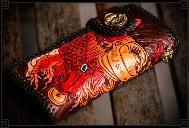 Handmade Leather Tooled Carp Mens Biker Chain Wallet Cool Leather Wallet Long Chain Wallets for Men