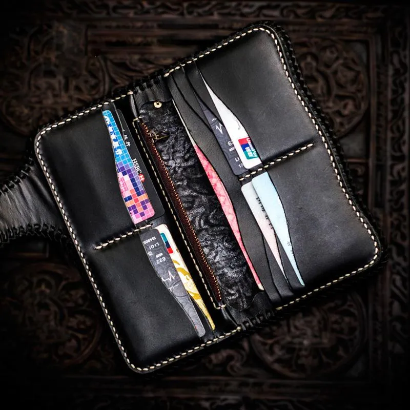 Handmade Leather Tooled Carp Mens Biker Chain Wallet Cool Leather Wallet Long Chain Wallets for Men
