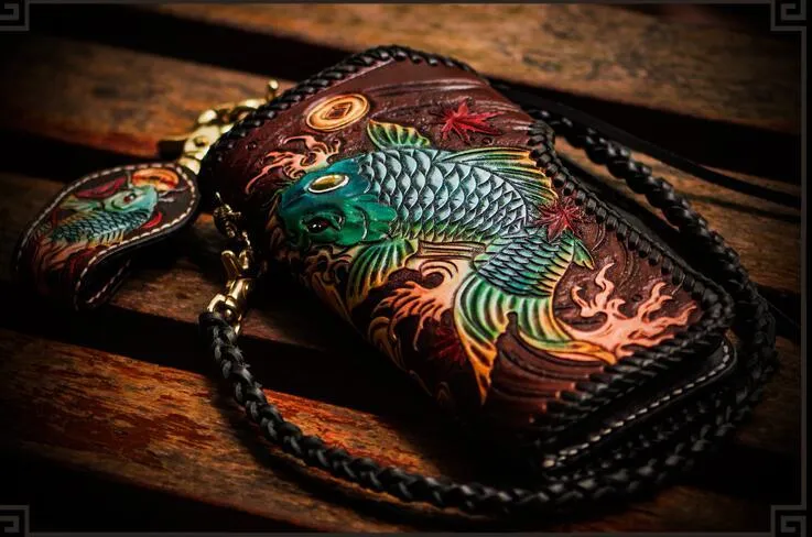 Handmade Leather Tooled Carp Mens Biker Chain Wallet Cool Leather Wallet Long Chain Wallets for Men