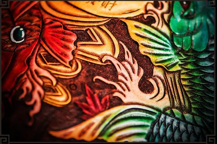 Handmade Leather Tooled Carp Mens Biker Chain Wallet Cool Leather Wallet Long Chain Wallets for Men