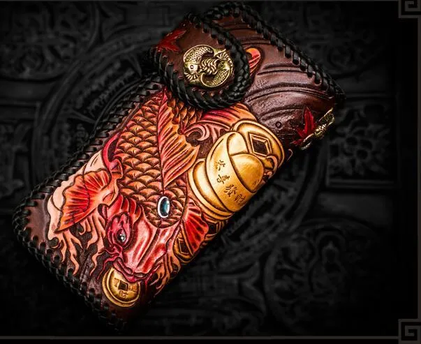 Handmade Leather Tooled Carp Mens Biker Chain Wallet Cool Leather Wallet Long Chain Wallets for Men