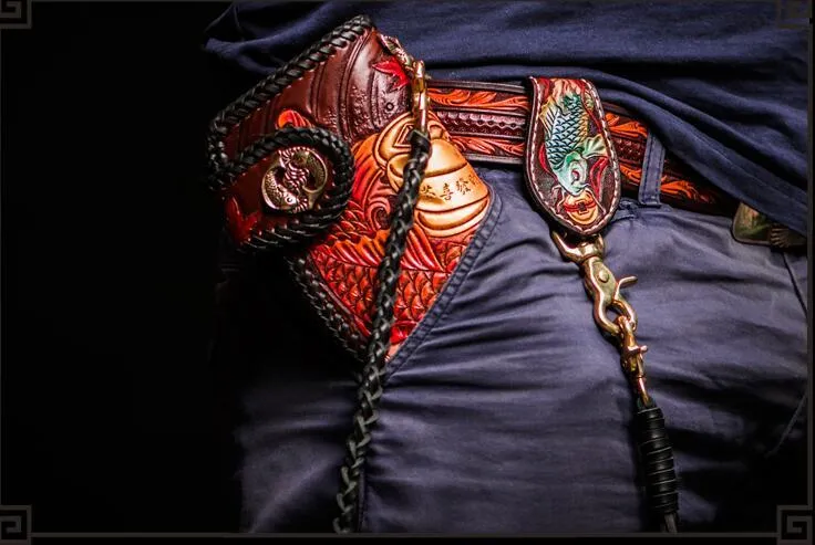 Handmade Leather Tooled Carp Mens Biker Chain Wallet Cool Leather Wallet Long Chain Wallets for Men