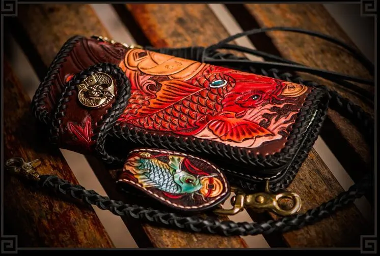 Handmade Leather Tooled Carp Mens Biker Chain Wallet Cool Leather Wallet Long Chain Wallets for Men