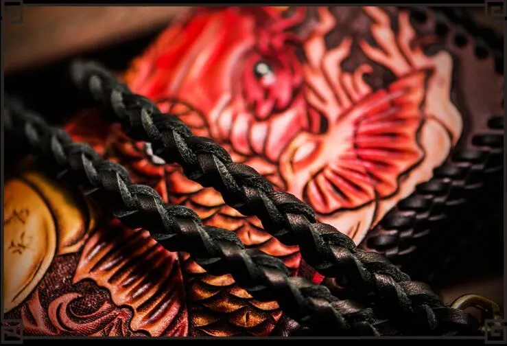 Handmade Leather Tooled Carp Mens Biker Chain Wallet Cool Leather Wallet Long Chain Wallets for Men