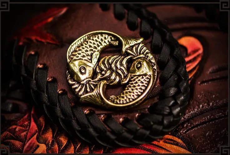 Handmade Leather Tooled Carp Mens Biker Chain Wallet Cool Leather Wallet Long Chain Wallets for Men