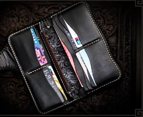 Handmade Leather Tooled Carp Mens Biker Chain Wallet Cool Leather Wallet Long Chain Wallets for Men