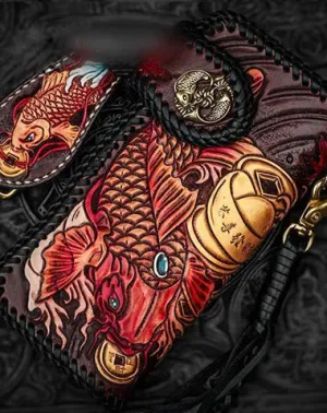 Handmade Leather Tooled Carp Mens Biker Chain Wallet Cool Leather Wallet Long Chain Wallets for Men