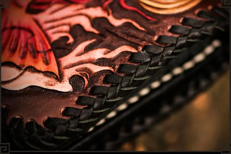 Handmade Leather Tooled Carp Mens Biker Chain Wallet Cool Leather Wallet Long Chain Wallets for Men