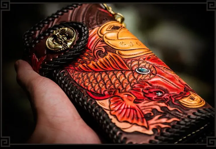 Handmade Leather Tooled Carp Mens Biker Chain Wallet Cool Leather Wallet Long Chain Wallets for Men