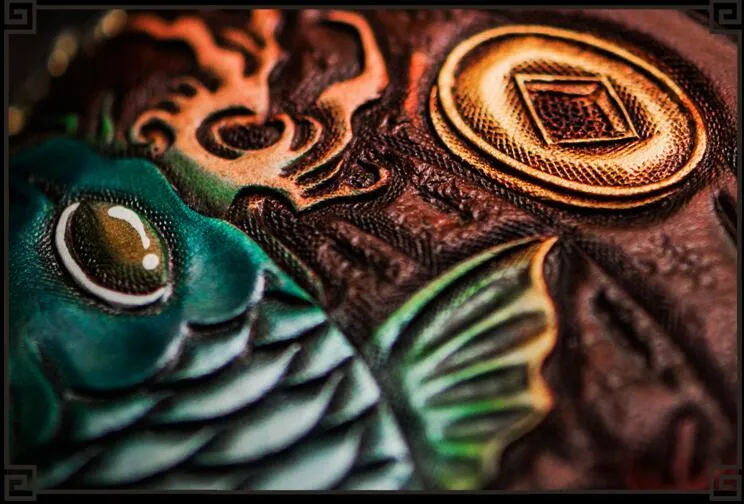 Handmade Leather Tooled Carp Mens Biker Chain Wallet Cool Leather Wallet Long Chain Wallets for Men