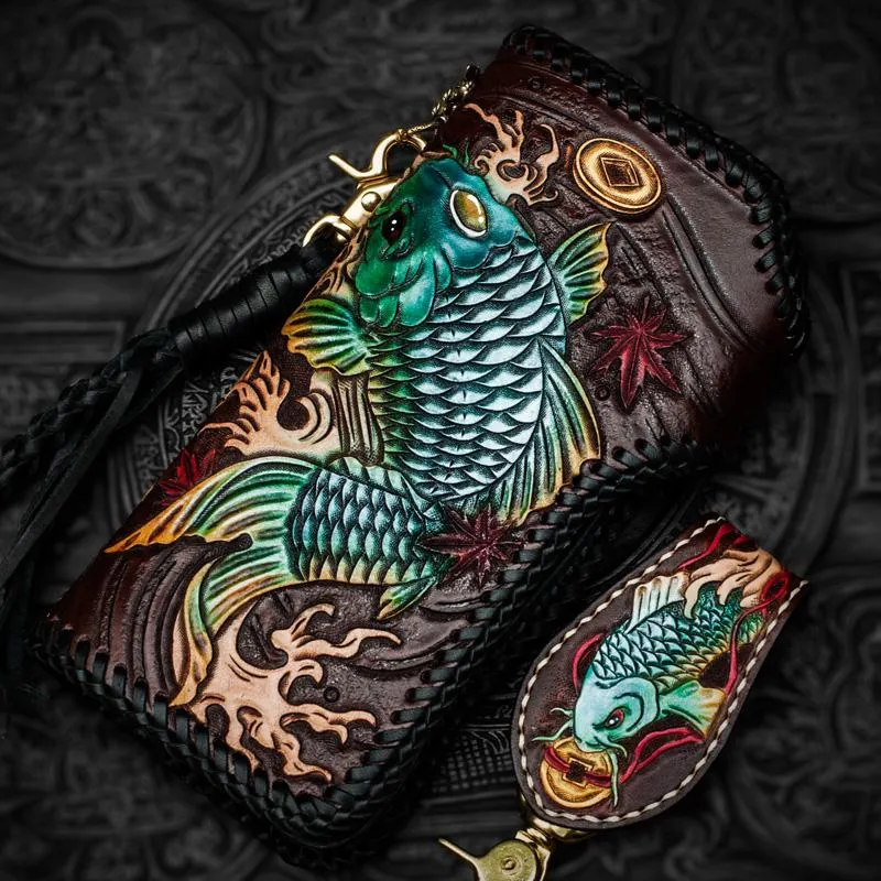 Handmade Leather Tooled Carp Mens Biker Chain Wallet Cool Leather Wallet Long Chain Wallets for Men