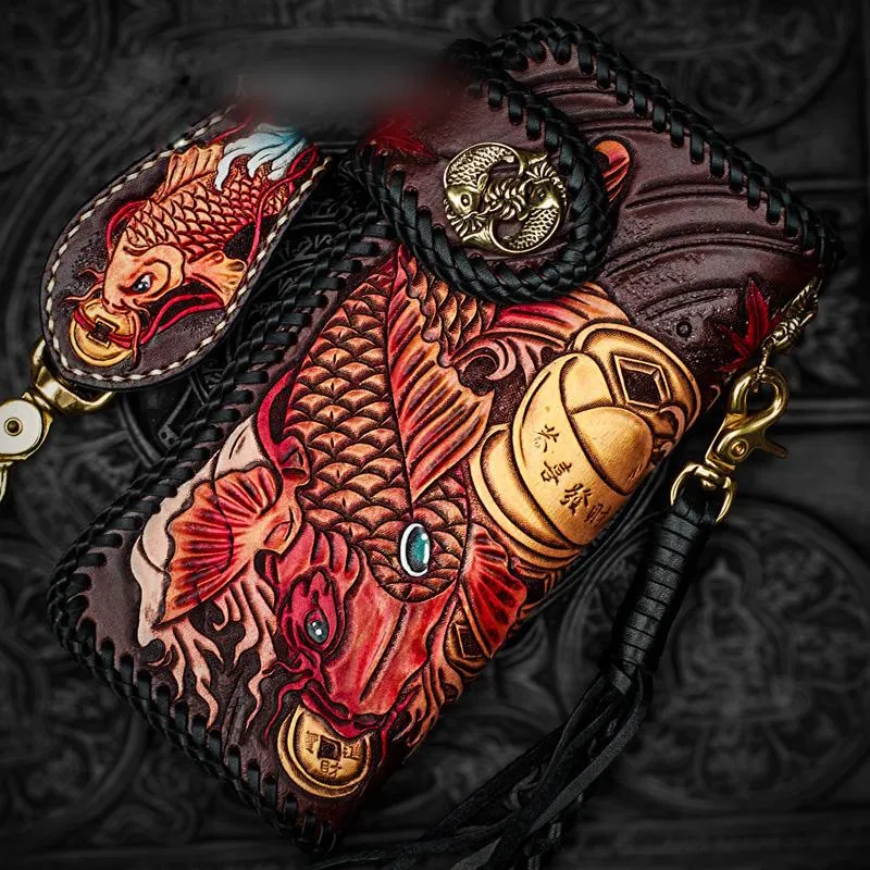 Handmade Leather Tooled Carp Mens Biker Chain Wallet Cool Leather Wallet Long Chain Wallets for Men
