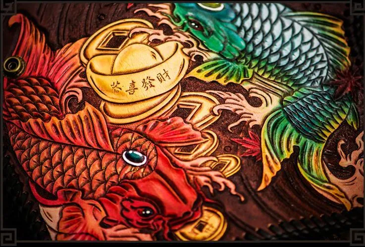 Handmade Leather Tooled Carp Mens Biker Chain Wallet Cool Leather Wallet Long Chain Wallets for Men