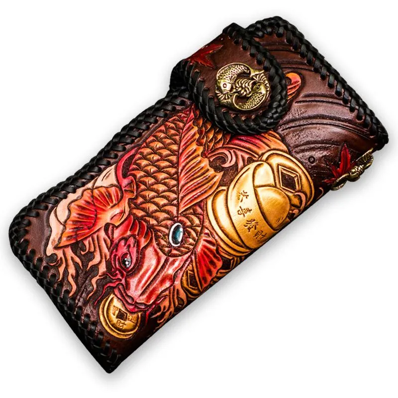 Handmade Leather Tooled Carp Mens Biker Chain Wallet Cool Leather Wallet Long Chain Wallets for Men