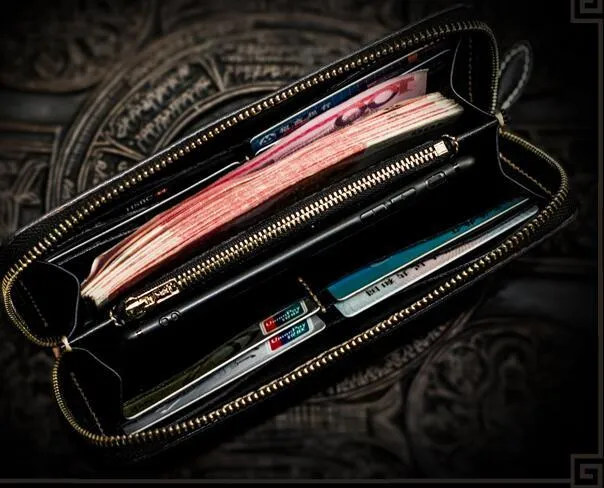 Handmade Leather Tooled Carp Mens Biker Chain Wallets Cool Leather Wallet Long Chain Wallets for Men