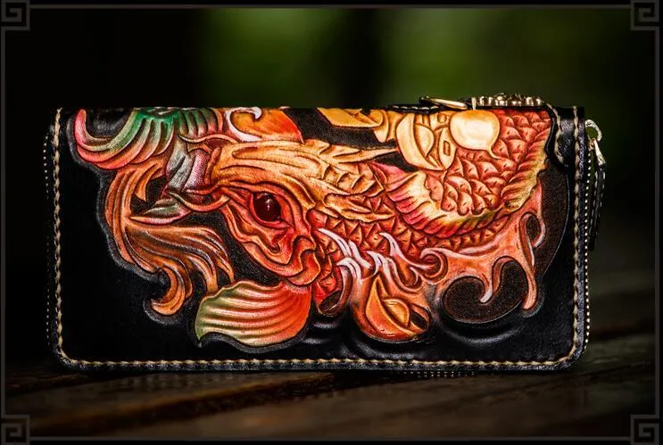 Handmade Leather Tooled Carp Mens Biker Chain Wallets Cool Leather Wallet Long Chain Wallets for Men