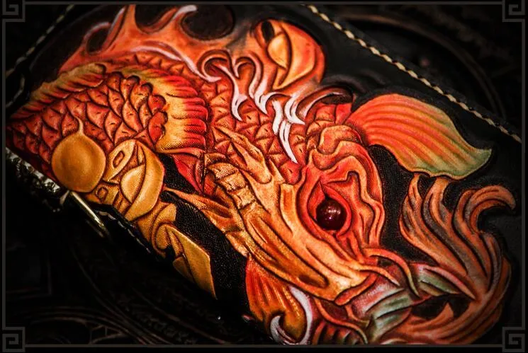 Handmade Leather Tooled Carp Mens Biker Chain Wallets Cool Leather Wallet Long Chain Wallets for Men