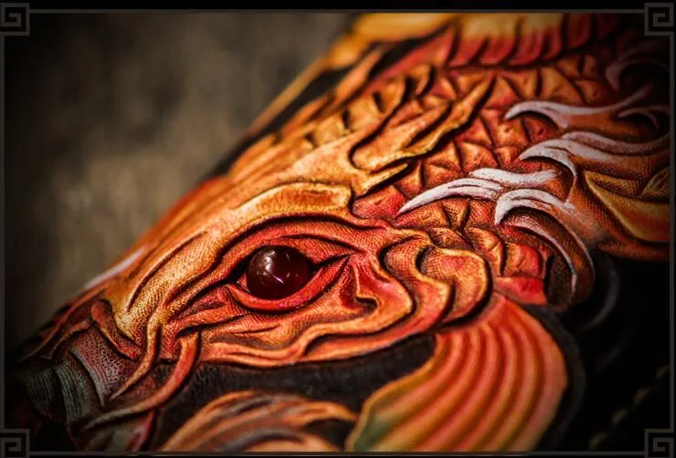 Handmade Leather Tooled Carp Mens Biker Chain Wallets Cool Leather Wallet Long Chain Wallets for Men